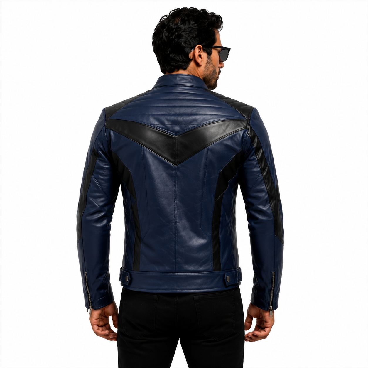Men's Navy Blue & Black Racer Leather Jacket