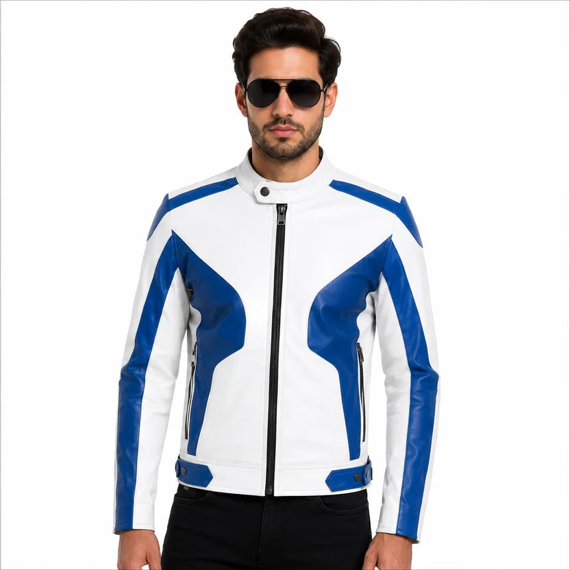 Men's White and Black Genuine Leather Biker Jacket