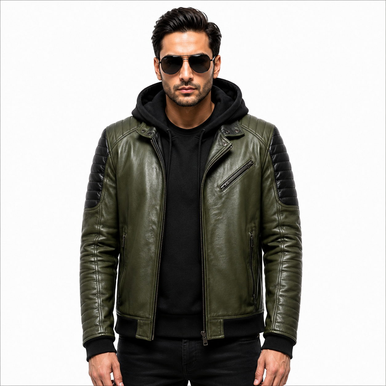 Men's olive green and black hooded leather biker jacket