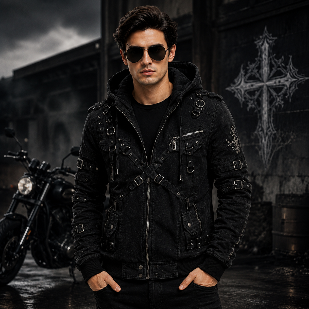 Men's Black Gothic Hooded Biker Jacket