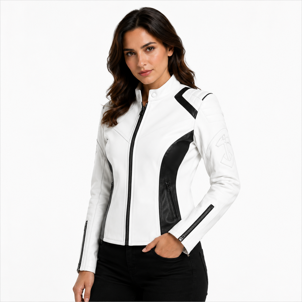 Women's Pure White and Black Two-Tone Cafe Racer Leather