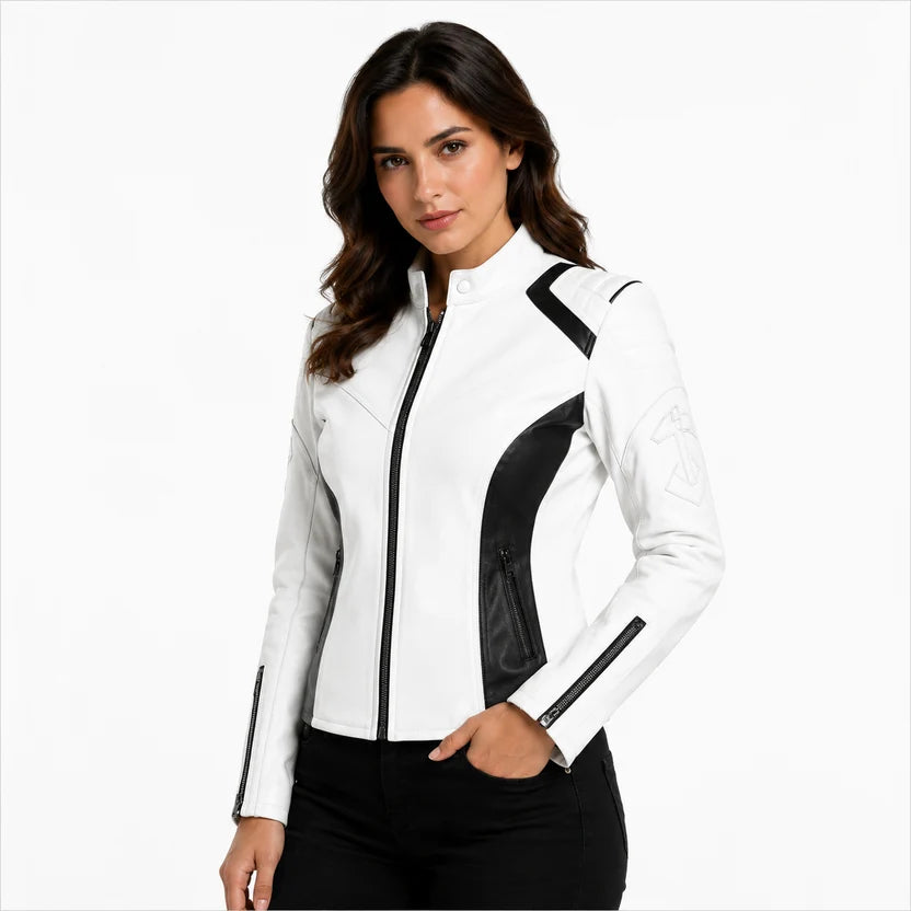 women's white leather biker jacket
