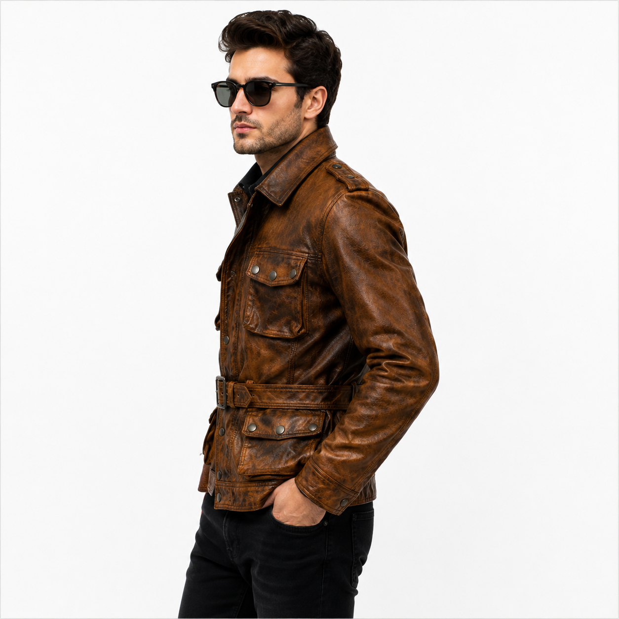 Men's Vintage Military Safari Leather Field Jacket
