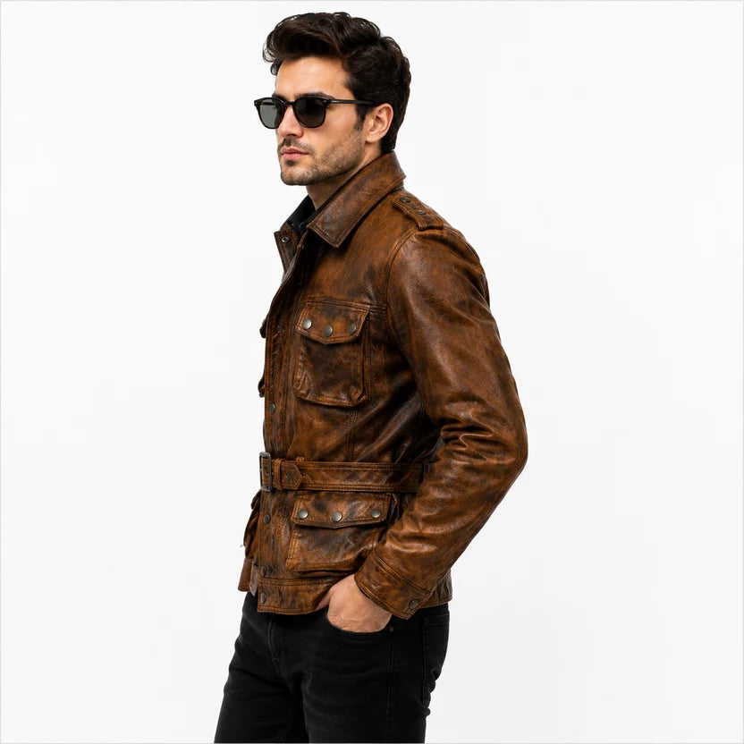Men's Black Leather Military Field Jacket