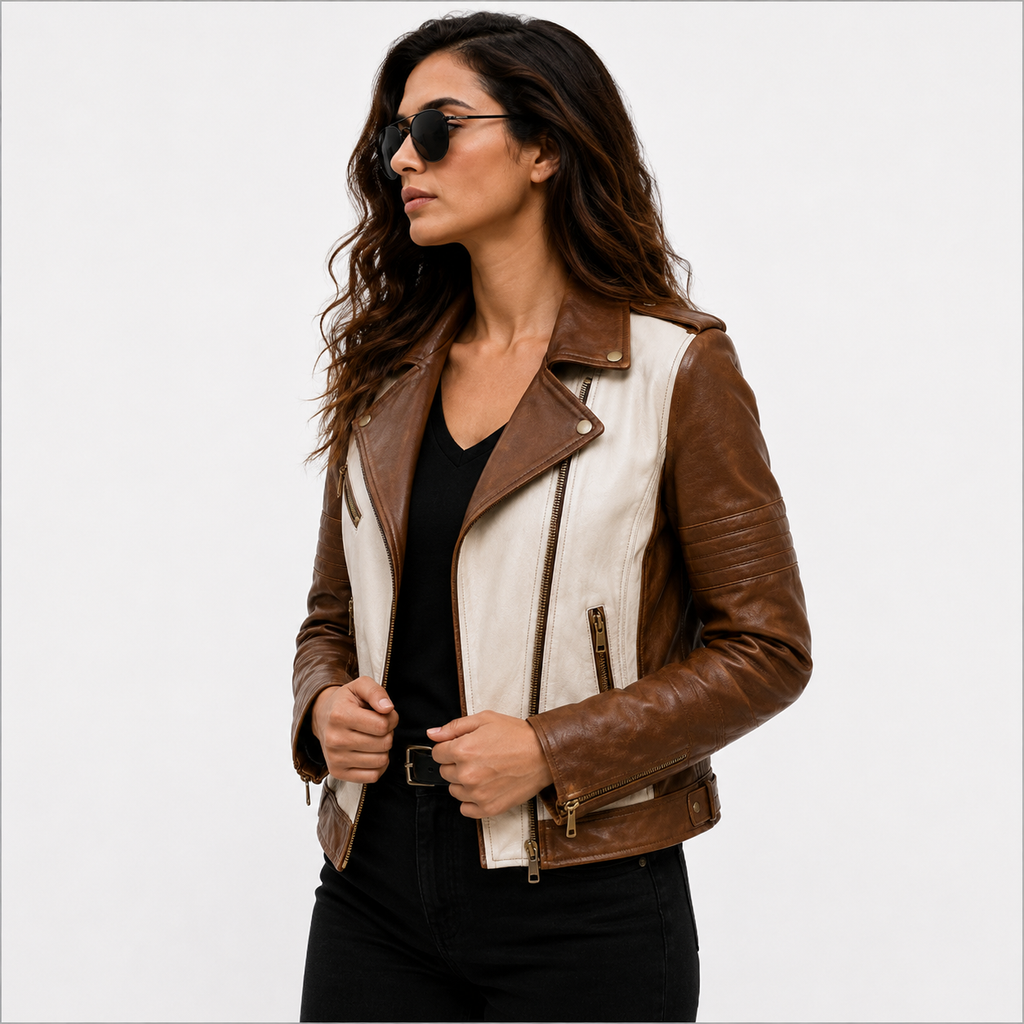 Women's Brown & Cream Biker Leather Jacket