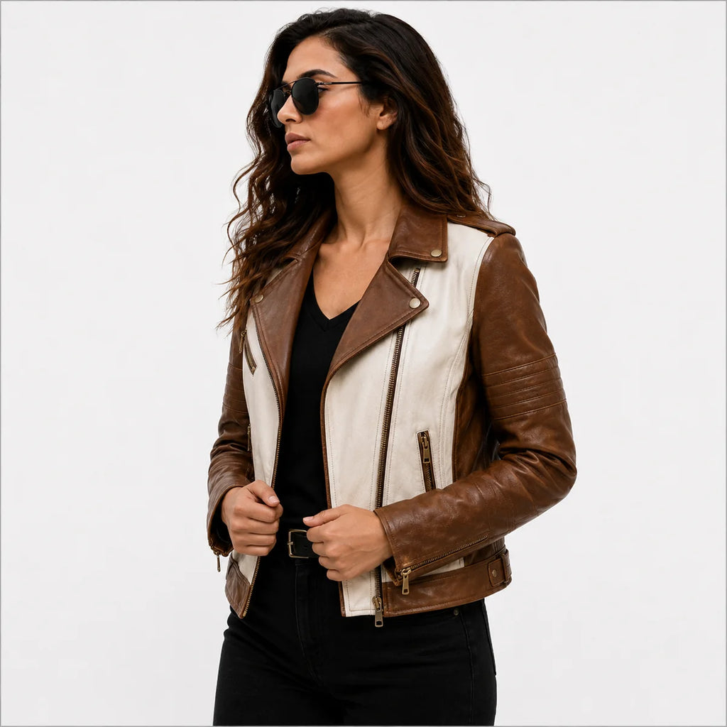 Women's Black & White Genuine Leather Moto Jacket