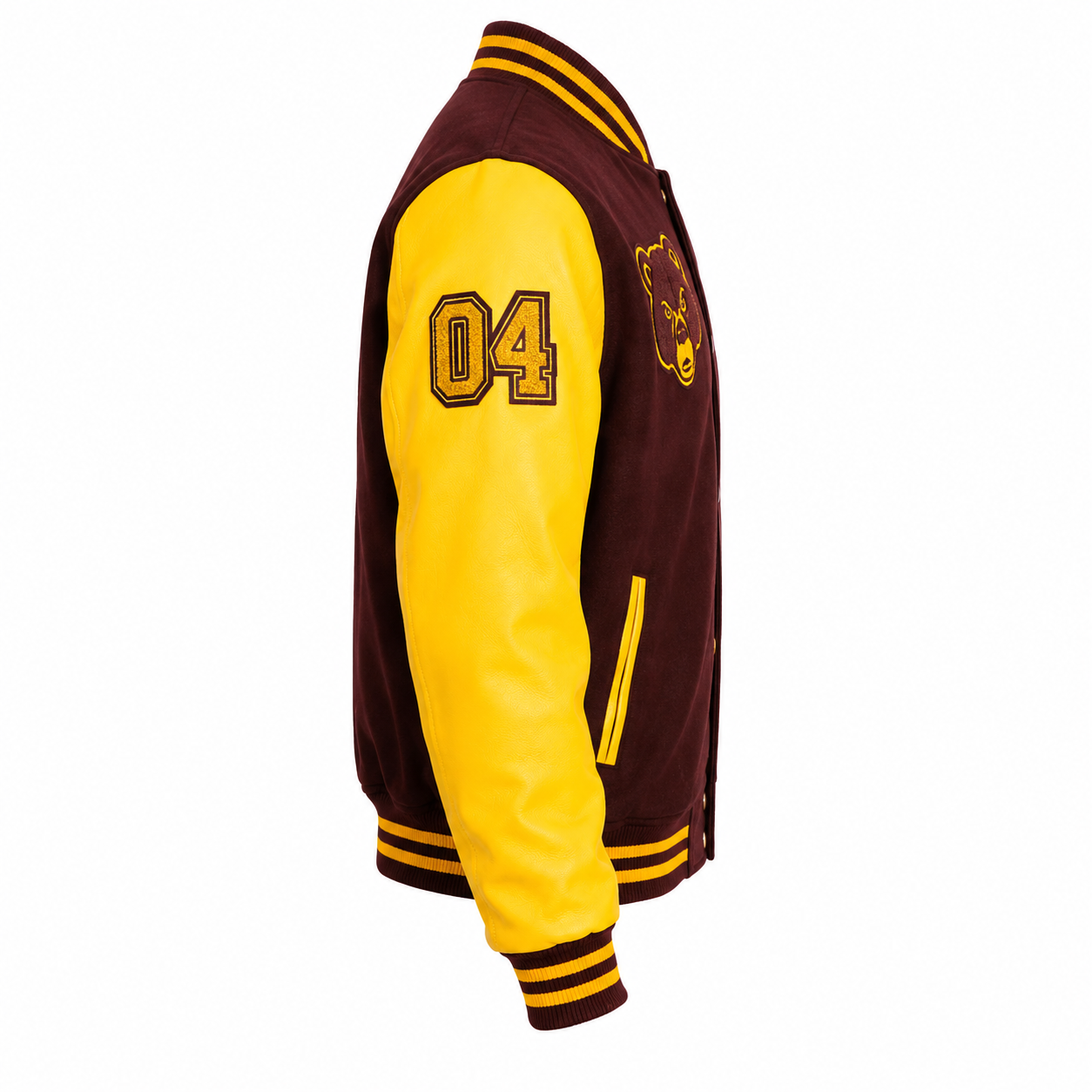 Maroon and Yellow College Dropout Bear Varsity Jacket Side View with 04 Patch on Sleeve