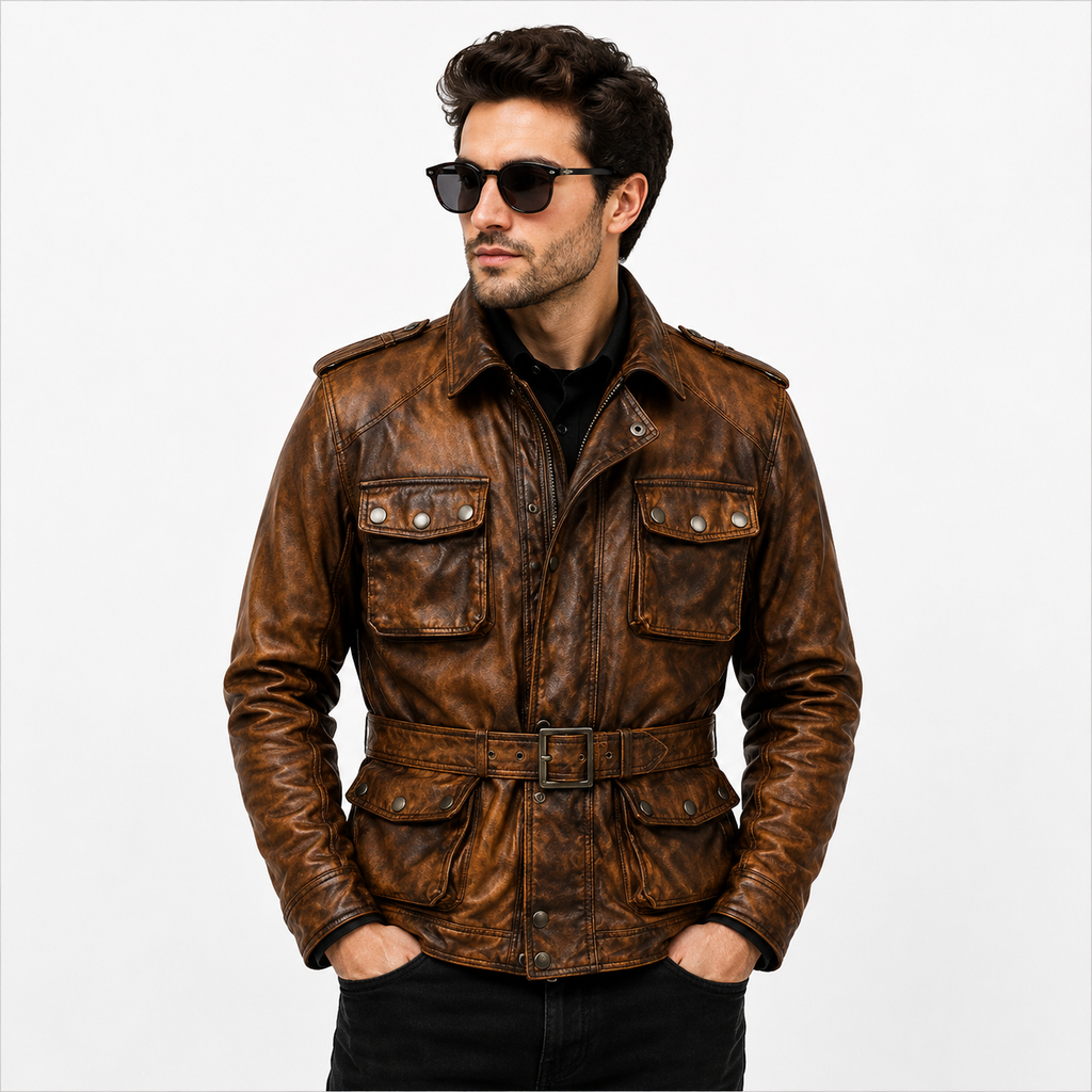 Men's Vintage Military Safari Leather Field Jacket