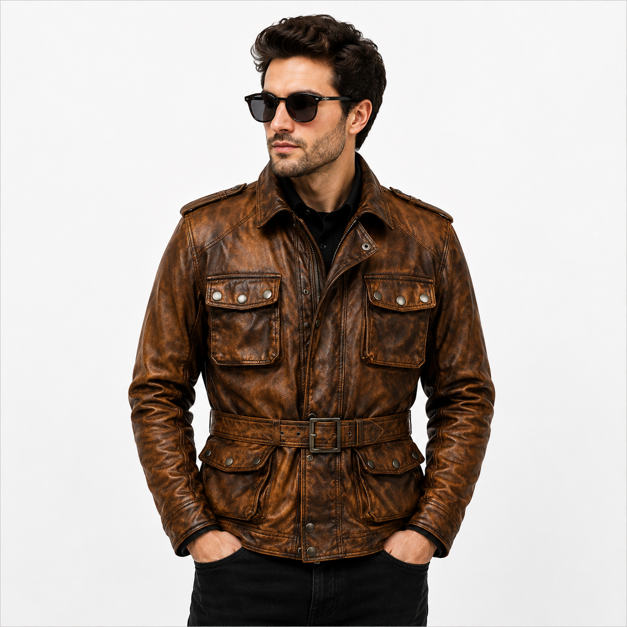 Men's Vintage Military Safari Leather Field Jacket