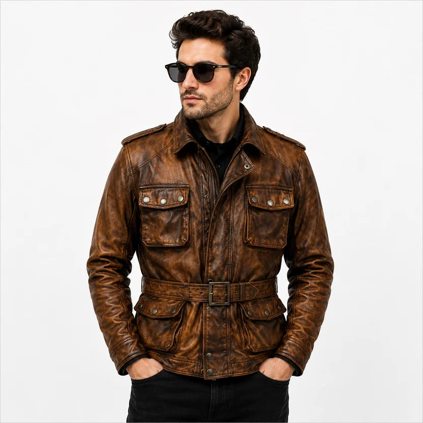Men's Black Leather Military Field Jacket