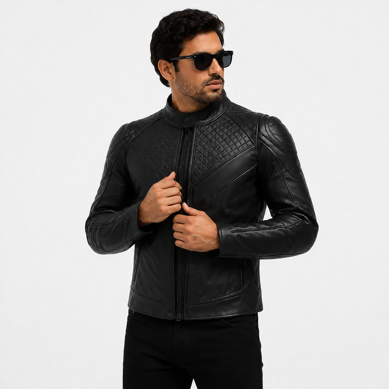 Men's Stealth All-Black Diamond Quilted Leather Biker Jacket
