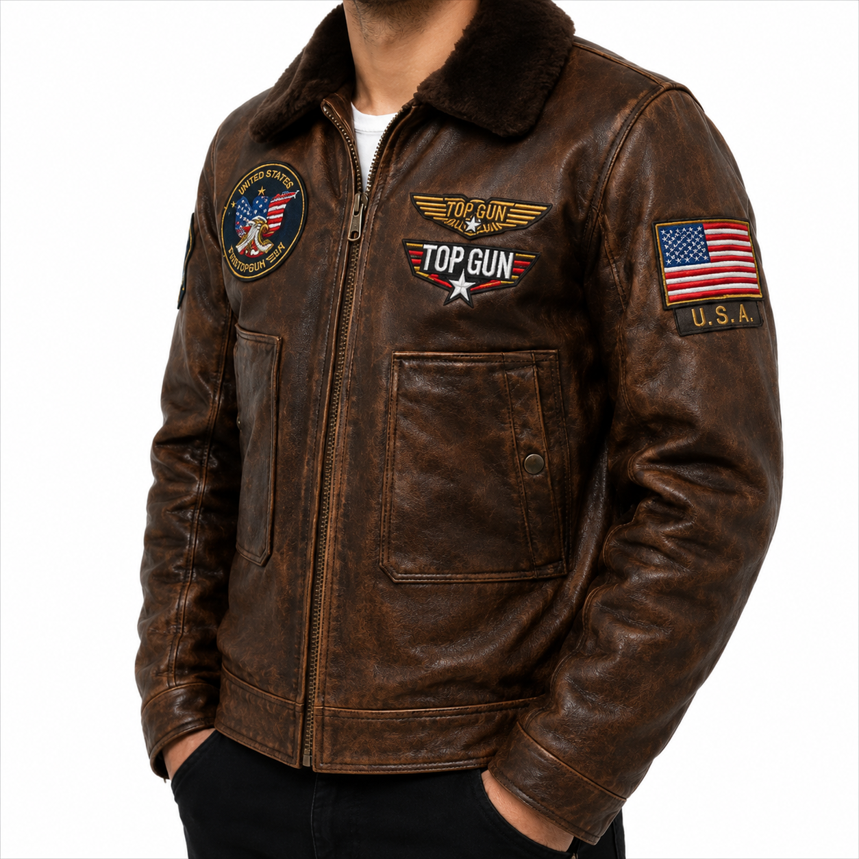 Men's Brown Top Gun Flight Leather Jacket with Faux Fur Collar