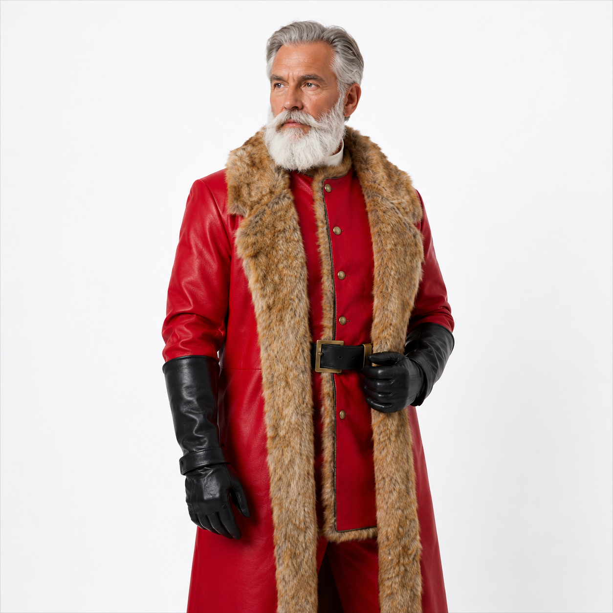 Santa Inspired Red Faux Leather Coat Costume with Faux Fur Trim – Christmas Holiday Outfit