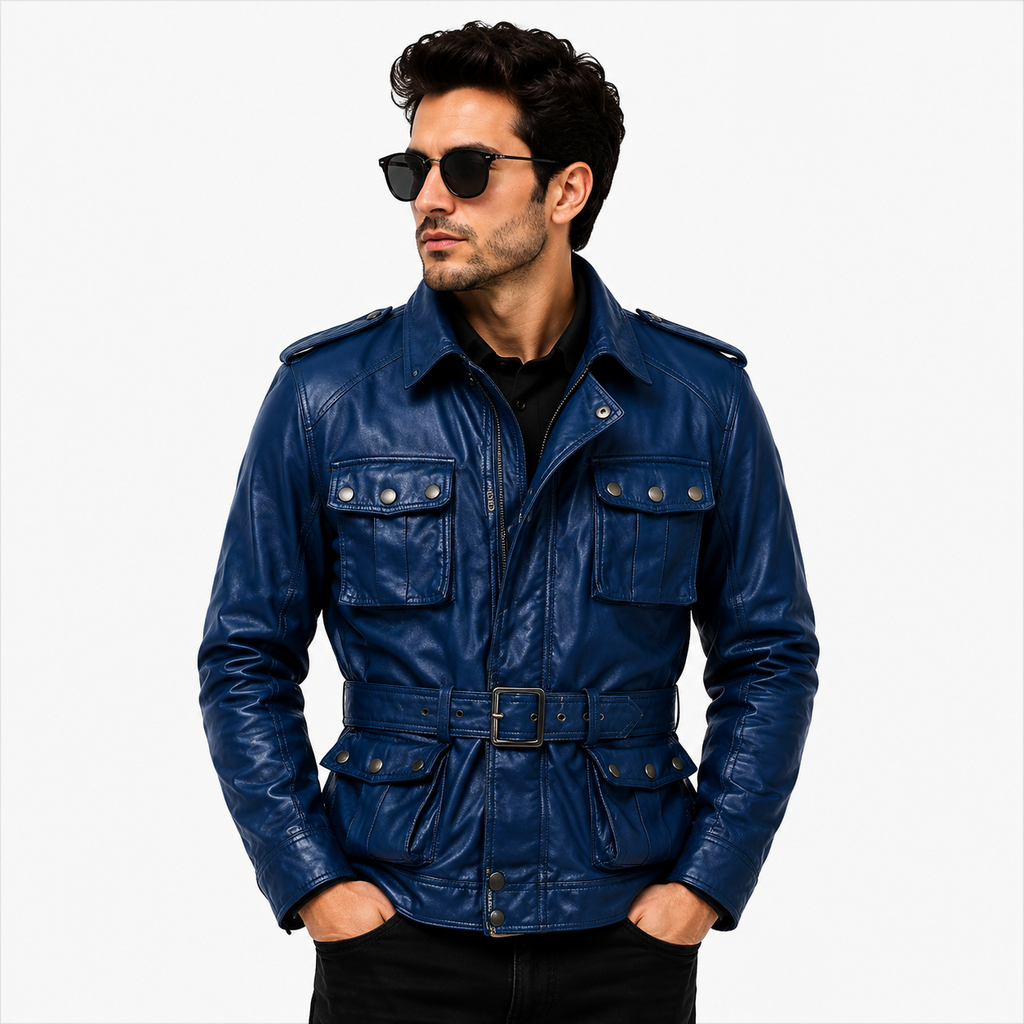 Men's Royal Blue Military Safari Leather Field Jacket