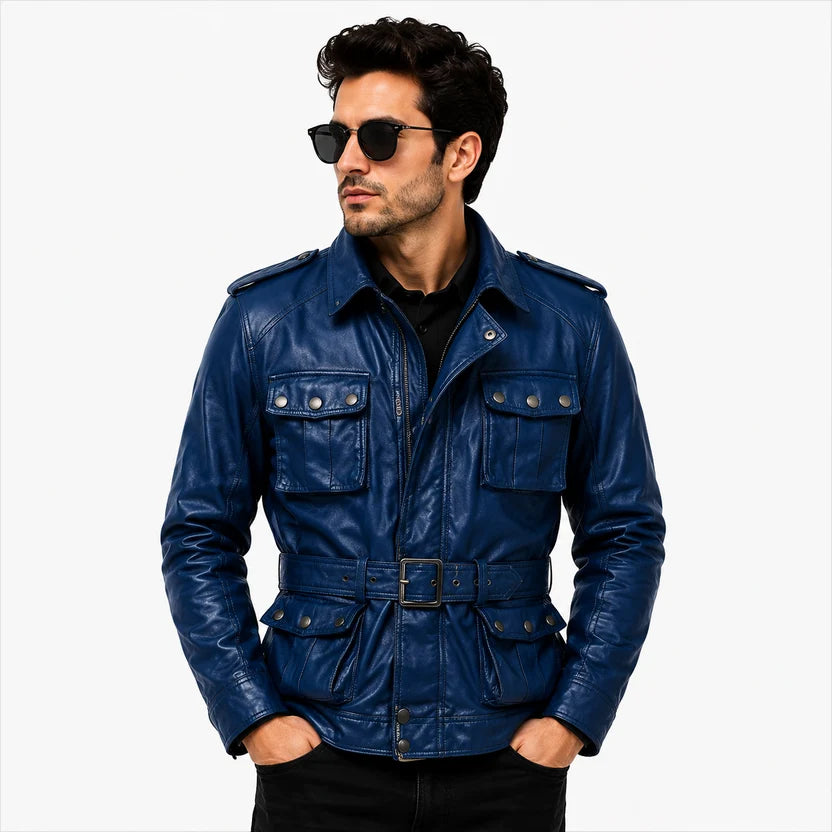 Men's Royal Blue Genuine Leather Field Biker Jacket with Waist Belt and 4 Pockets