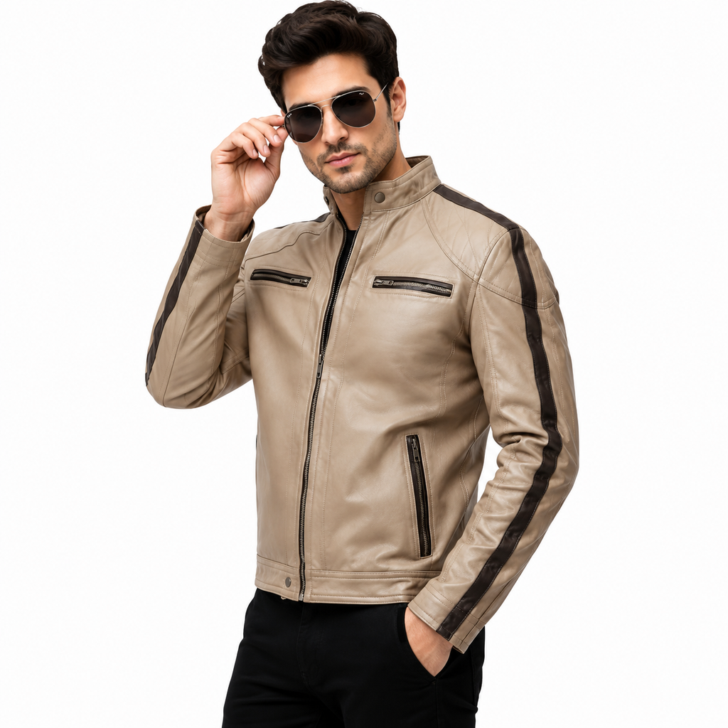 Men's Beige Premium Leather Biker Jacket
