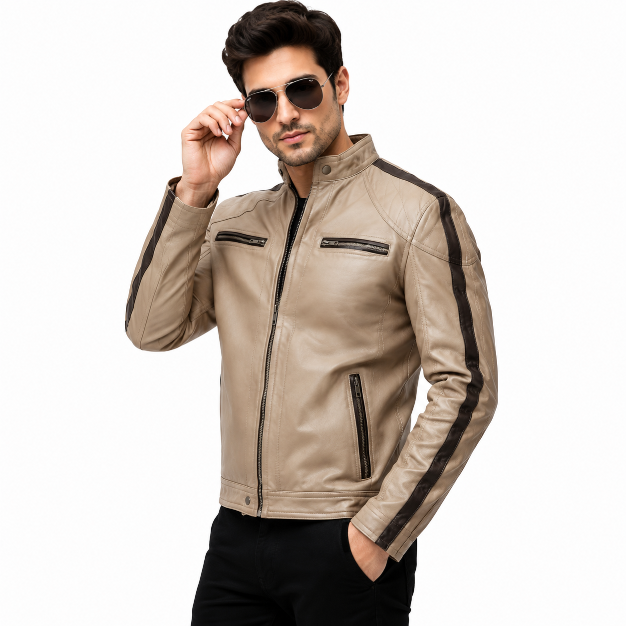 Men's Beige Premium Leather Biker Jacket
