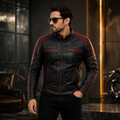 Men's Black & Maroon Racer Leather Biker Jacket