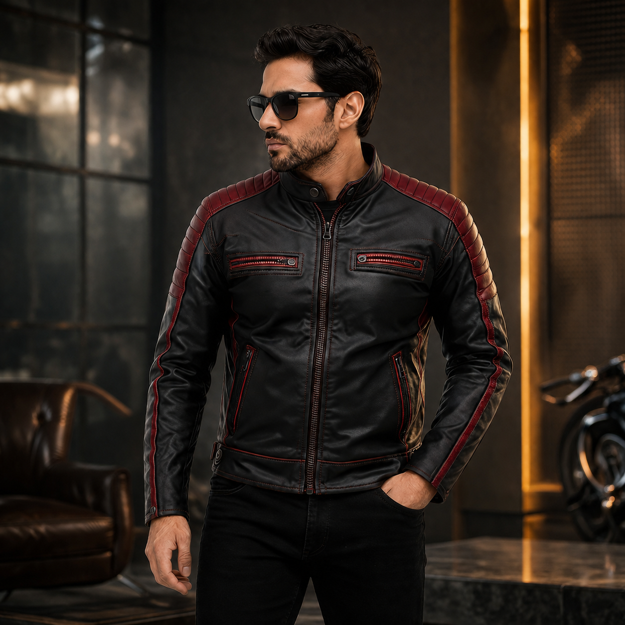Men's Black & Maroon Racer Leather Biker Jacket