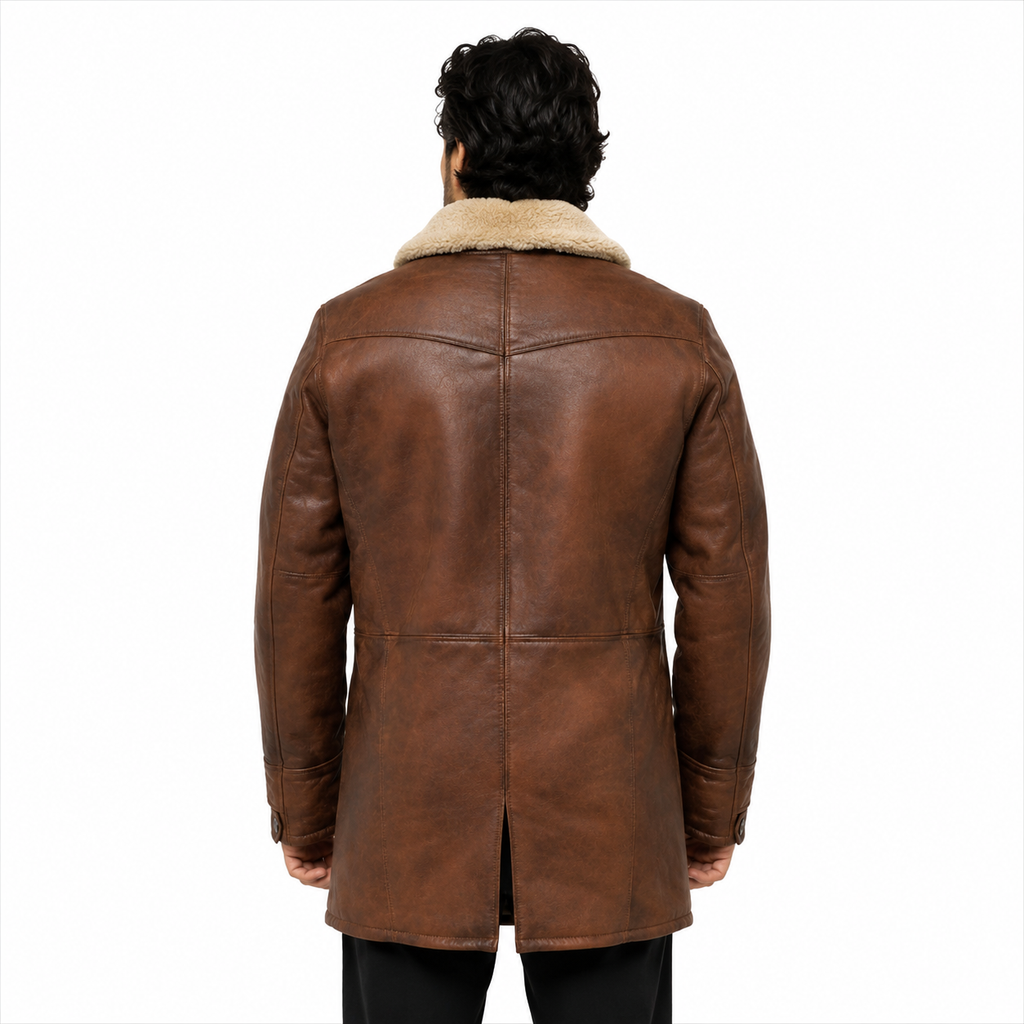 Men's Brown Faux Shearling Long Leather Coat