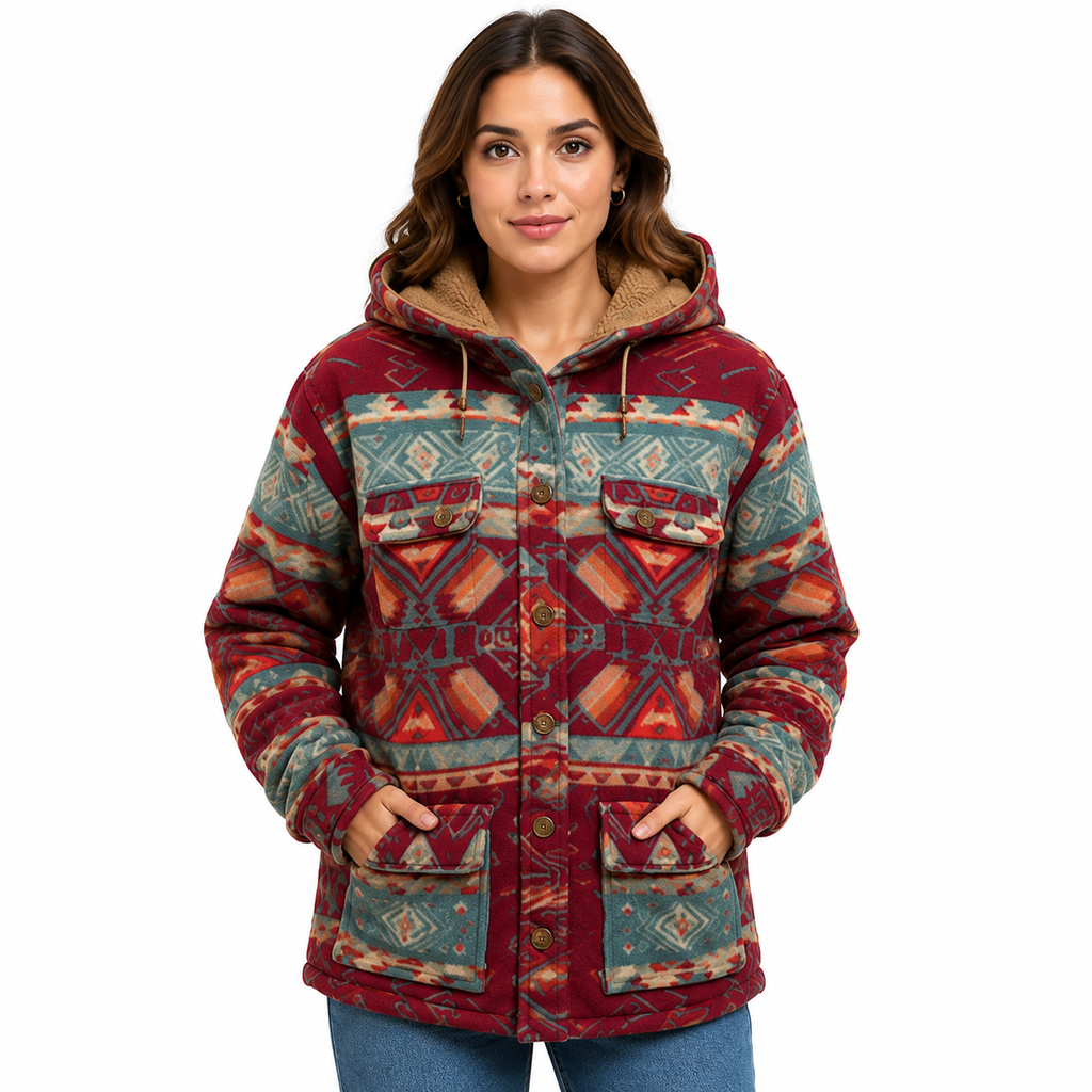 Women's Burgundy Aztec Button Down Sherpa Shacket 