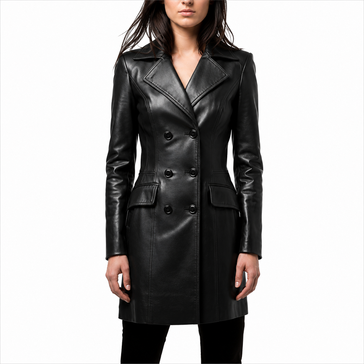Women's Black Double-Breasted Genuine Leather Trench Coat