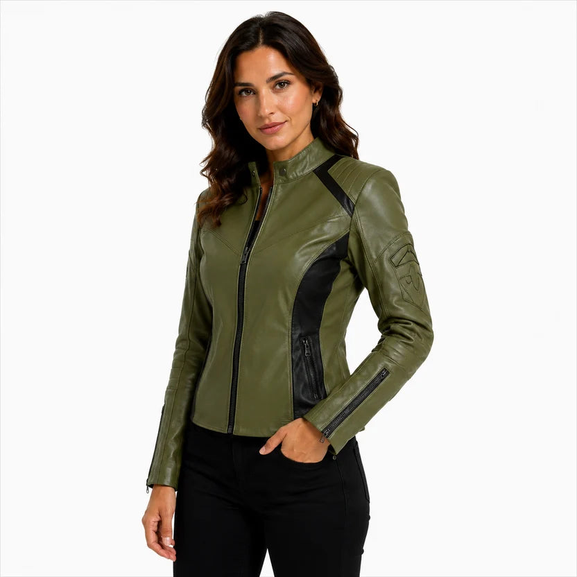 women's olive green leather jacket with black geometric panels