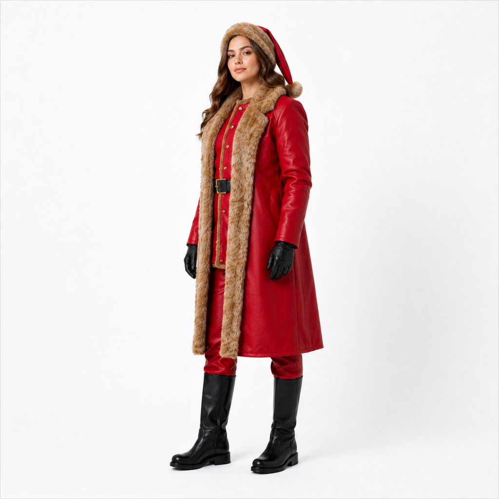 Santa Inspired Red Faux Leather Coat Costume with Faux Fur Trim – Christmas Holiday Outfit