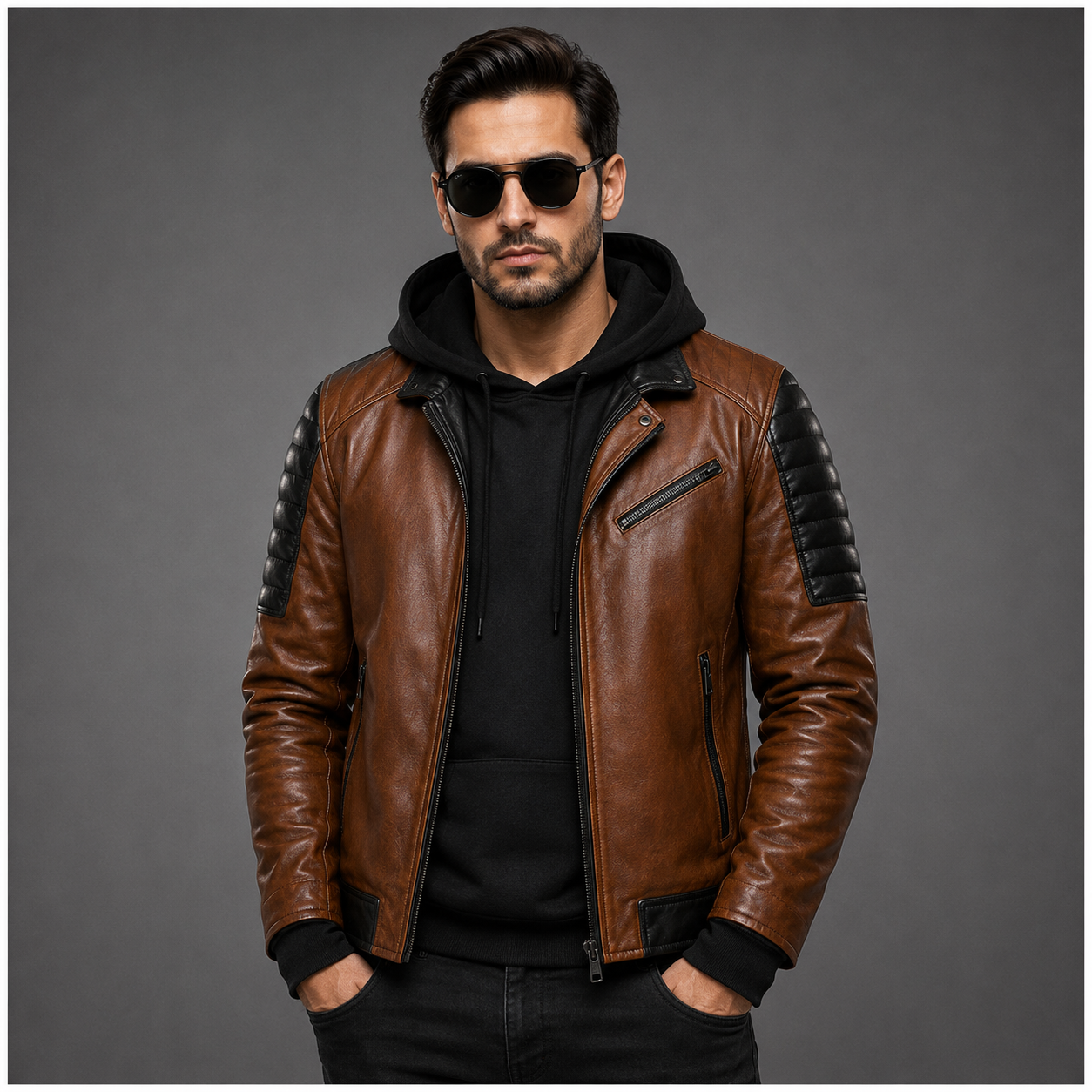 men's brown hooded leather biker jacket
