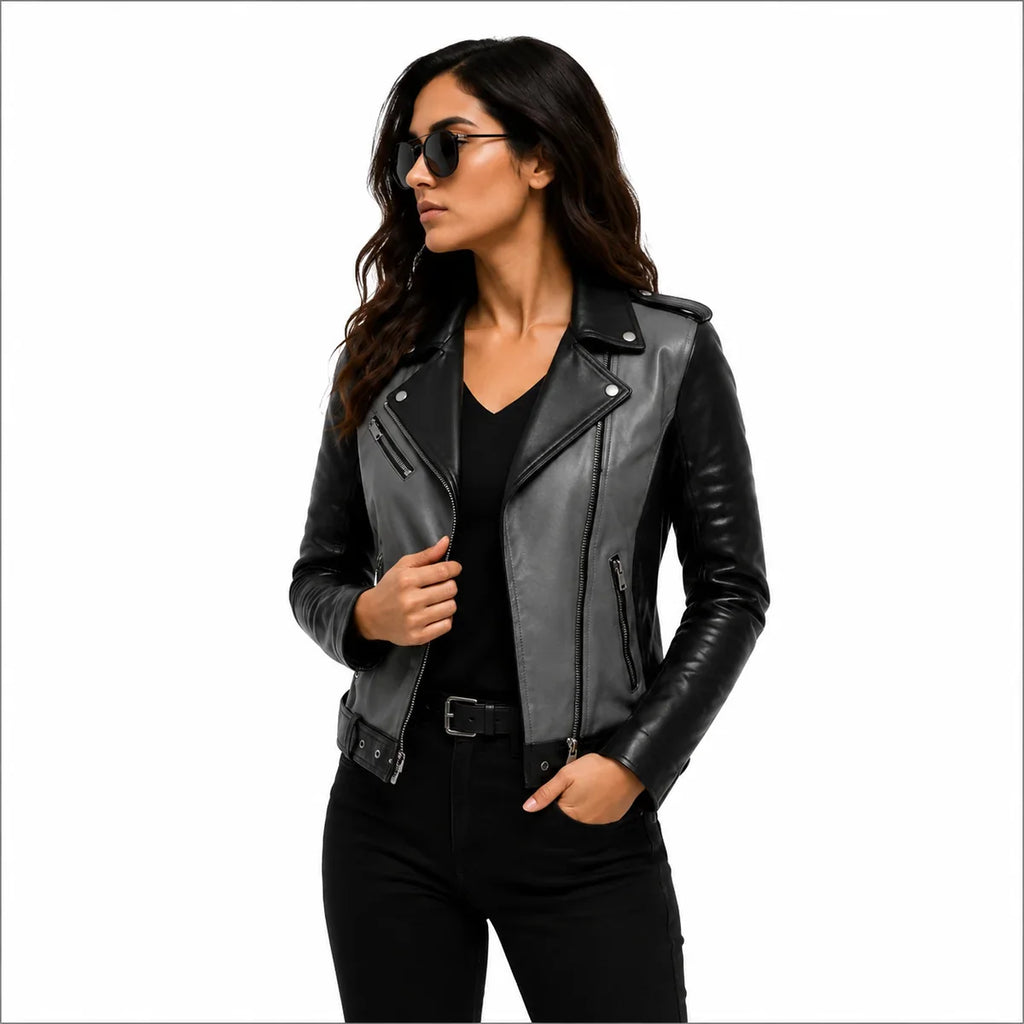 Women's Black & White Genuine Leather Moto Jacket