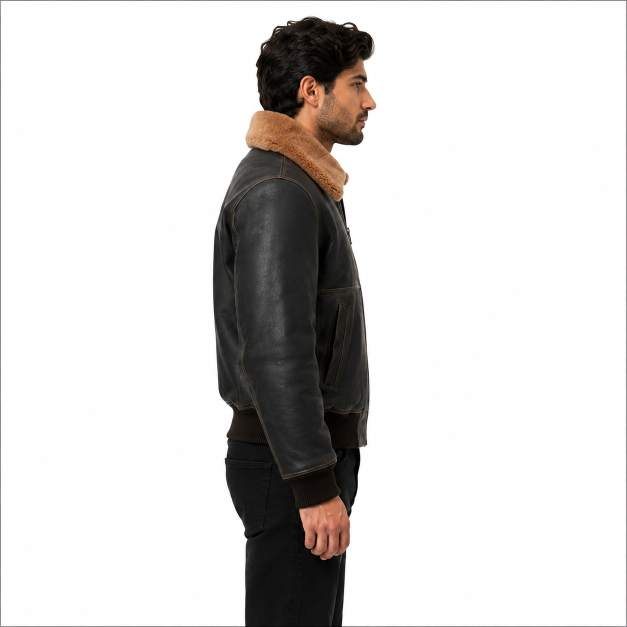 Men's black leather shearling aviator bomber jacket