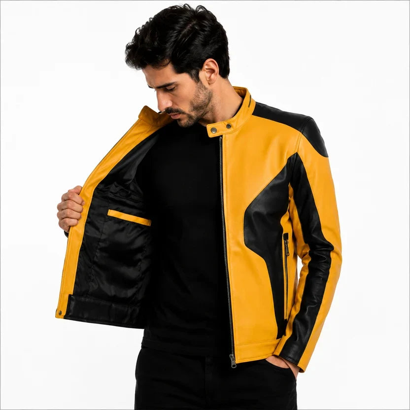 Men's White and Black Genuine Leather Biker Jacket
