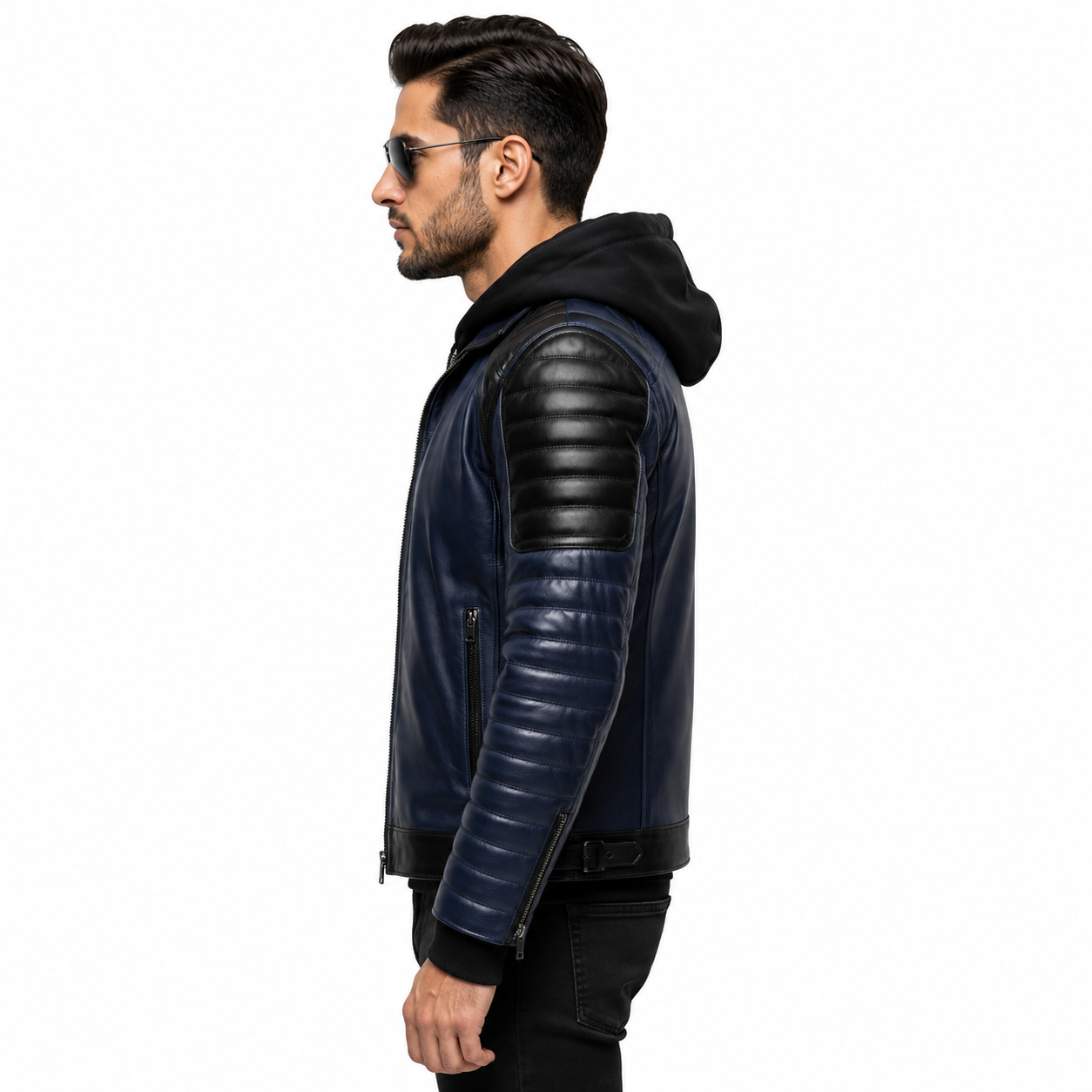 Men's navy blue hooded leather biker jacket