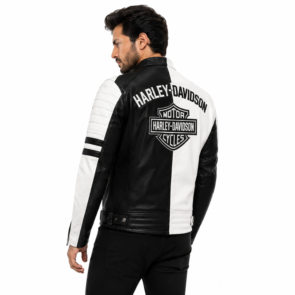 Men's Black White Leather Motorcycle Jacket