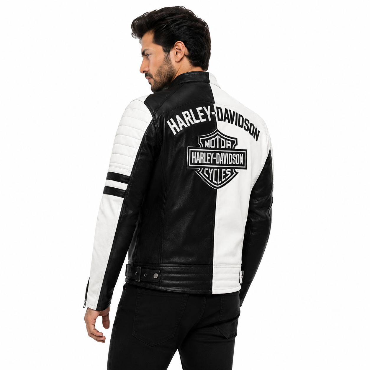 Men's Black White Leather Motorcycle Jacket
