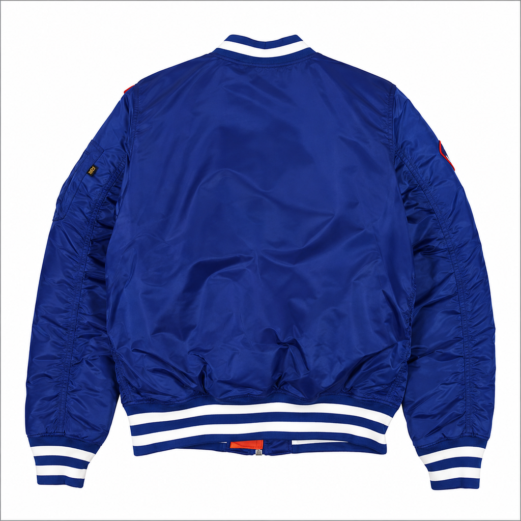 Blue New York Knicks NBA Satin Bomber Jacket with Patches and Logos