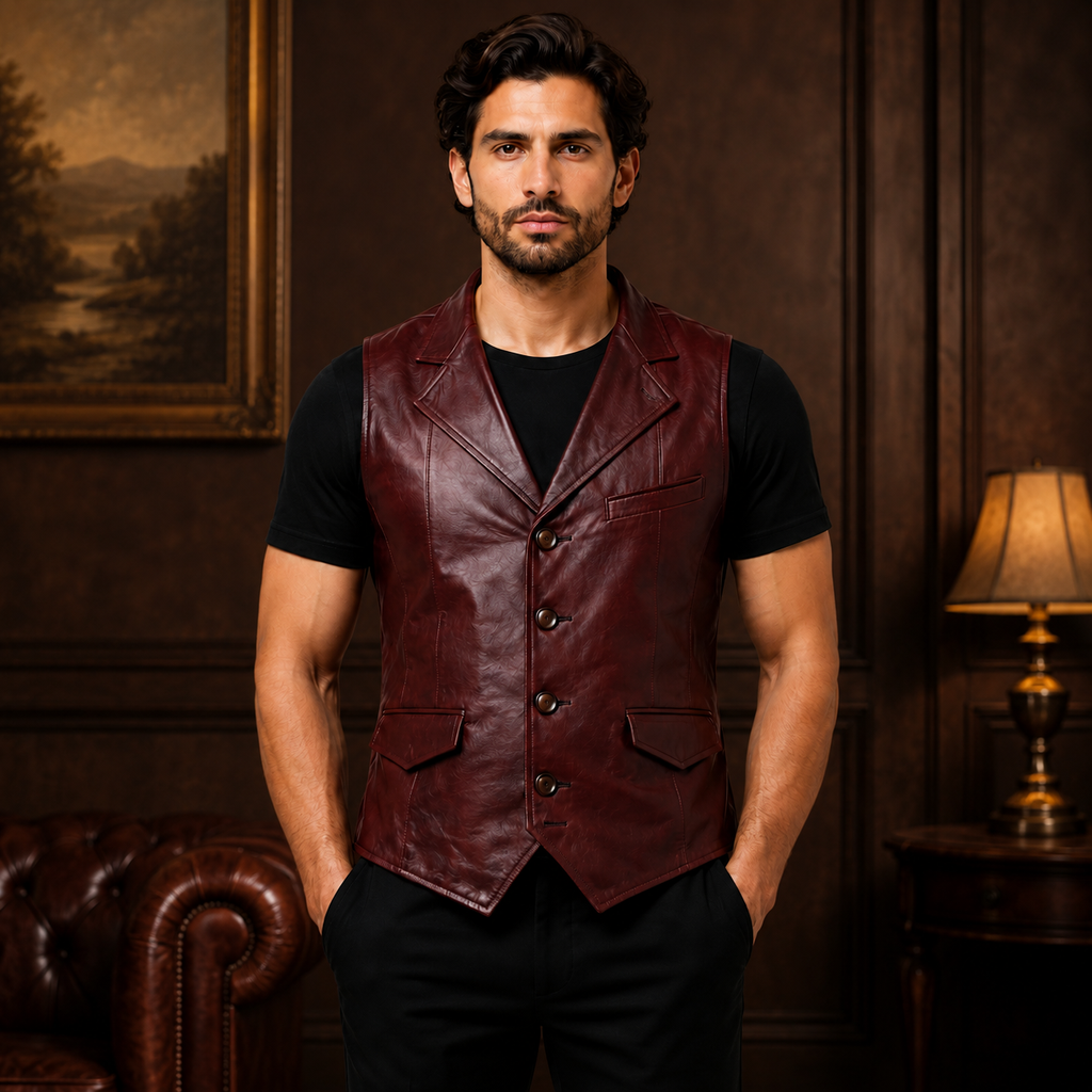 Men's Burgundy Leather Waistcoat for Wedding Outfit