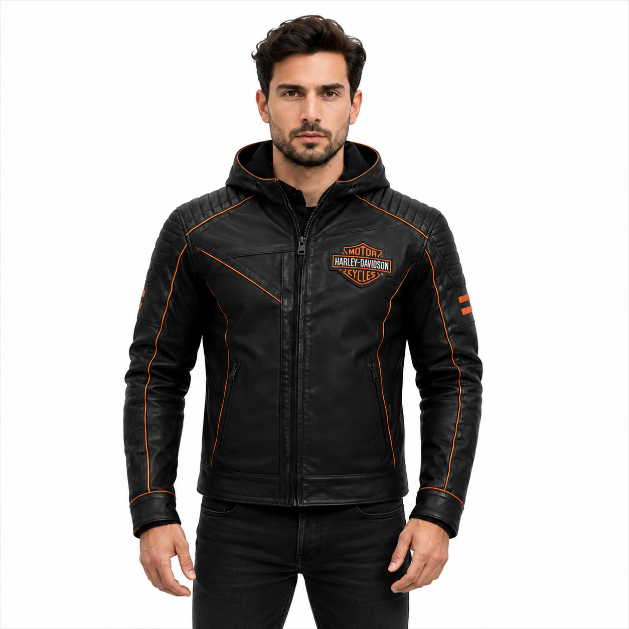 Men's Black Orange Trim Hooded Genuine Leather Motorcycle Jacket 