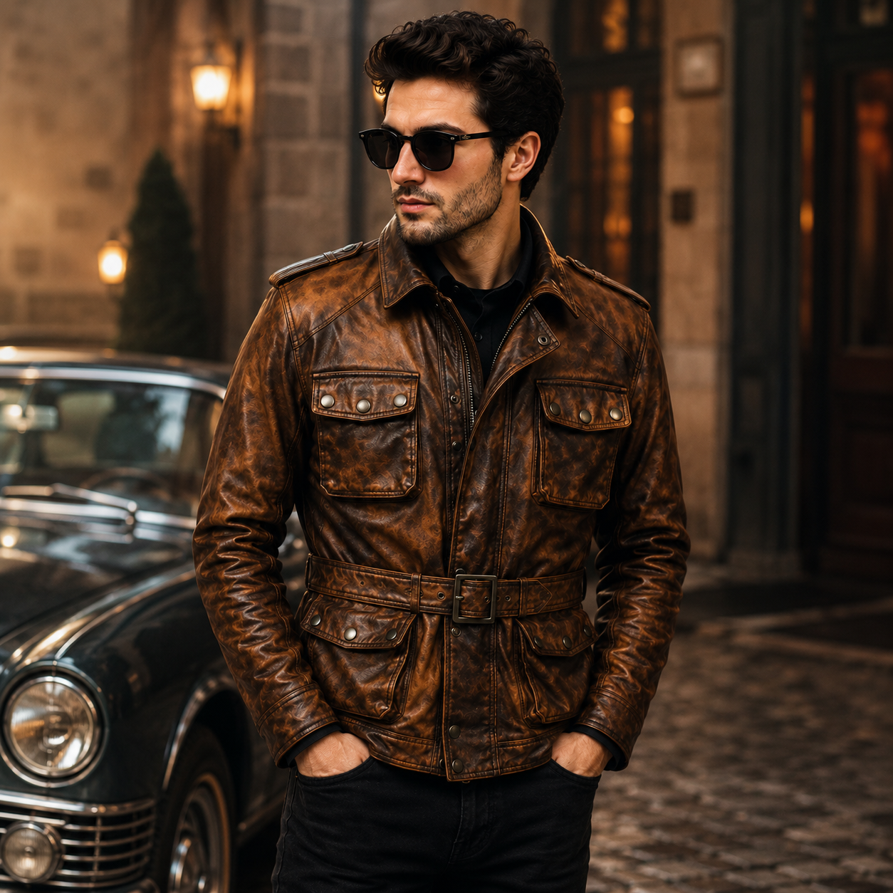 Men's Vintage Military Safari Leather Field Jacket