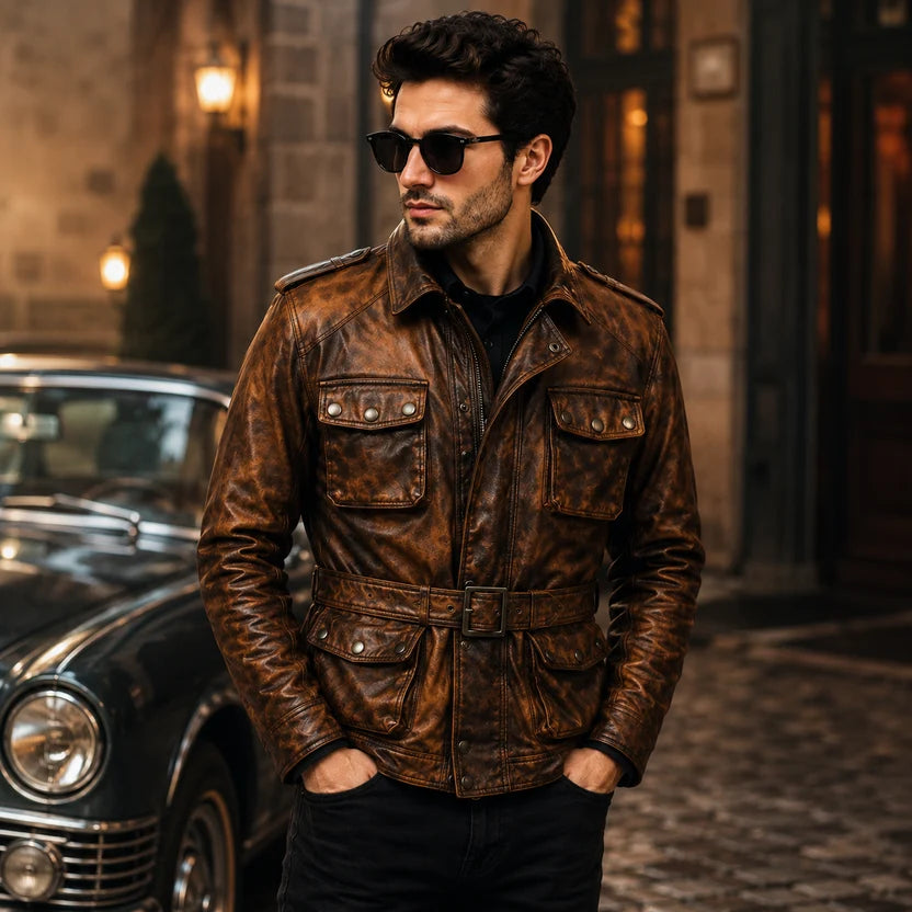 Men's Black Leather Military Field Jacket