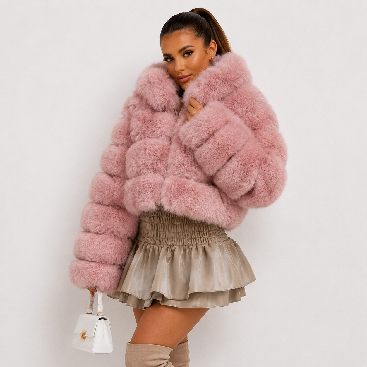 Women's  Pink Faux Fur Bubble Coat