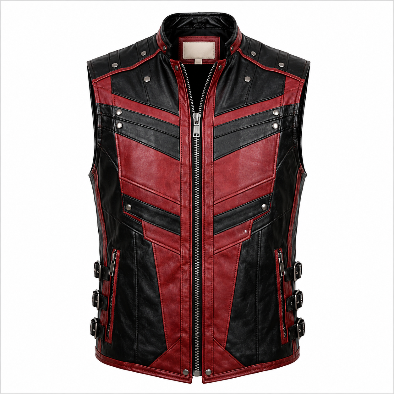 Men's Red & Black Leather Biker Vest