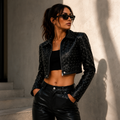 Women's Cropped Studded Leather Biker Jacket.
