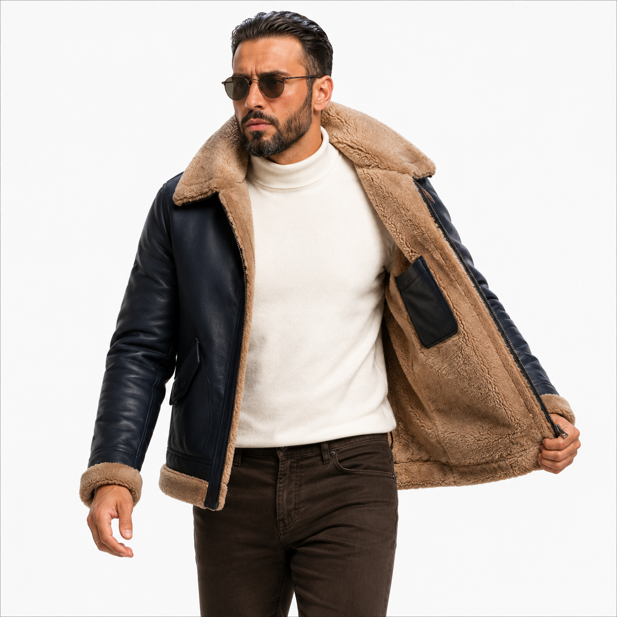 Men's Classic Navy Blue & Beige B-3 Aviator Jacket