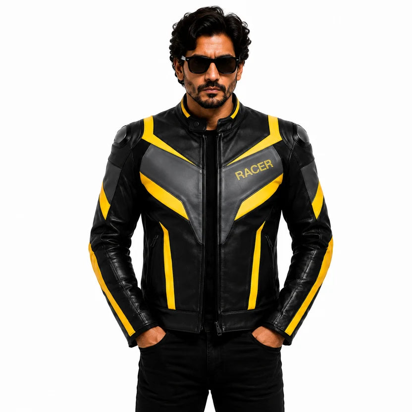 Men's Black and Yellow Racer Leather Jacket with Geometric Panels and RACER Logo