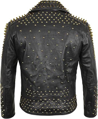 Men's Golden Studded Spike Black Leather Biker Jacket