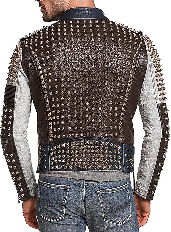 Mens Rock Punk Studded Leather Jacket - Brando Motorcycle Black Biker Leather Jacket Motorbike Spike Outerwear
