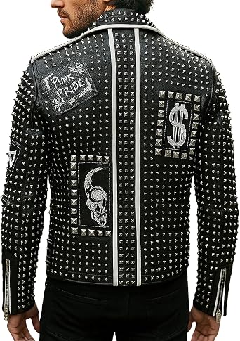 Men's Brando Studded Multi Patches Punk Black Leather Jacket