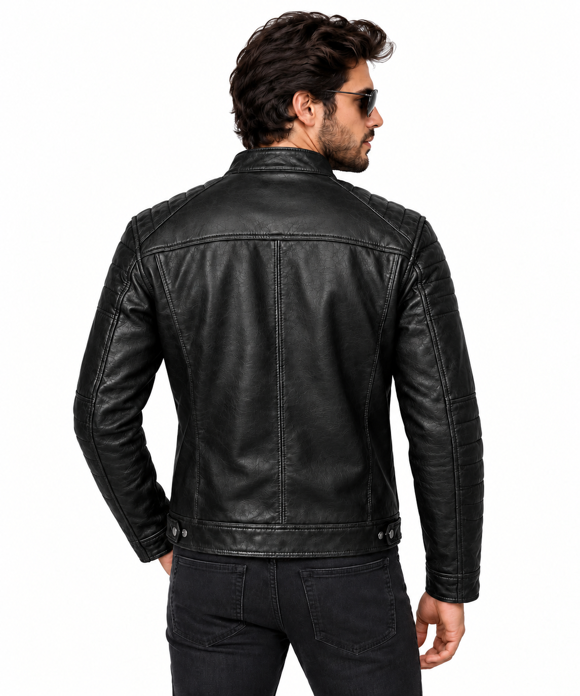 quilted padded shoulders and snap collar on men's black café racer leather jacket