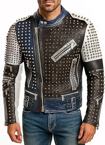 Mens Rock Punk Studded Leather Jacket - Brando Motorcycle Black Biker Leather Jacket Motorbike Spike Outerwear